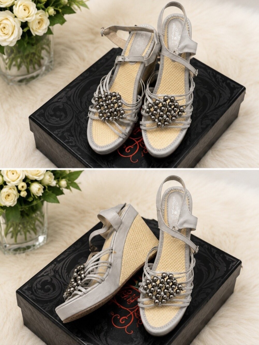 Silver Strappy Wedge Sandals with Decorative Bead Cluster